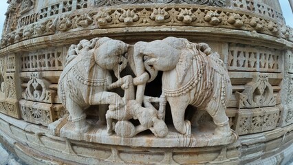 The Detailed Elephant Figurines on a Jain Temple Wall within the Chittorgarh Fort Complex