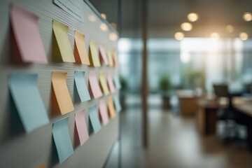 Colorful Sticky Notes on Glass Board in Modern Office with Soft Ambient Lighting