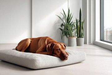 Relaxing Dog on a Soft Cushion in a Modern Room With Houseplants and Large Windows in Daylight