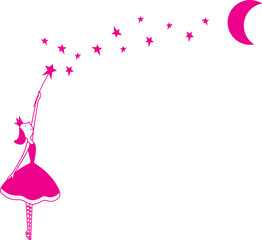 Vector sketch illustration silhouette image design caricature icon logo symbol character fairy godmother with magic wand casting a spell on the moon