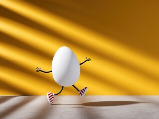 Egg running with shadows in striped shoes sunny wall