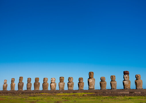 Monolithic moai statues at ahu tongariki, Easter Island, Hanga Roa, Chile
