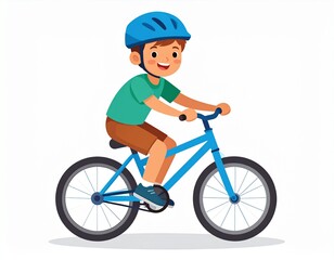 A cartoon boy with a blue helmet rides a blue bicycle, smiling and enjoying the ride.