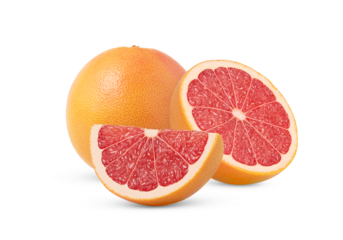 Pink grapefruit and cut in a half and in a slice isolated over transparent background.
