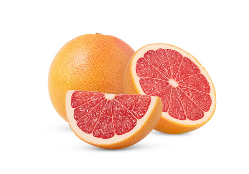 Pink grapefruit and cut in a half and in a slice isolated over transparent background.