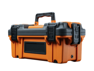 Orange and black hard-shell tool box, angled view