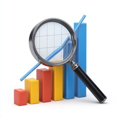 Magnifying glass over business graph bars on transparent background