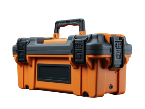 Orange and black hard-shell tool box, angled view