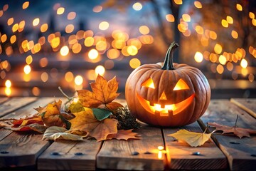 A glowing carved pumpkin on a wooden table with fall leaves