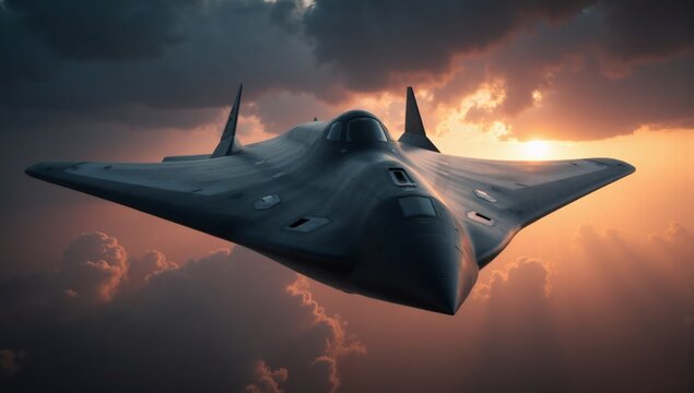 Futuristic stealth aircraft flying through dramatic sunset clouds