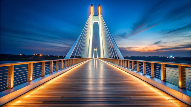 Illuminated Pedestrian Bridge at Dusk with Cable Stayed Suspension Design