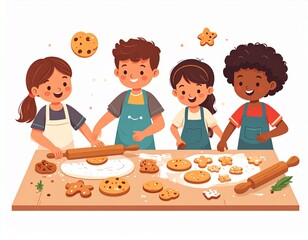Four children happily baking cookies together at a table, rolling dough and decorating.