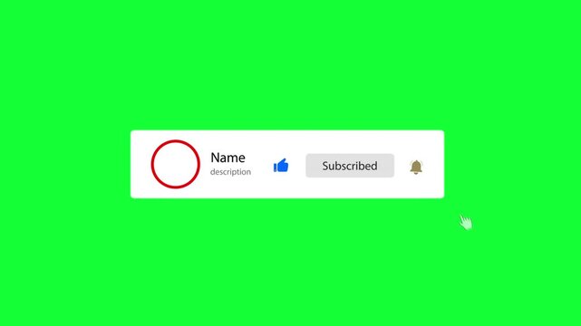 Subscribe button, Like, subscribe and notification icon, with channel name, avatar and description