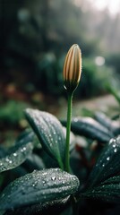 Water droplets on budding flower in lush garden
