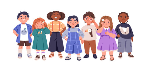 Happy kid group portrait. Diverse children, inclusive team. Little boys and girls standing together. Smiling preschoolers in glasses, with braces. Flat vector illustration isolated on white background