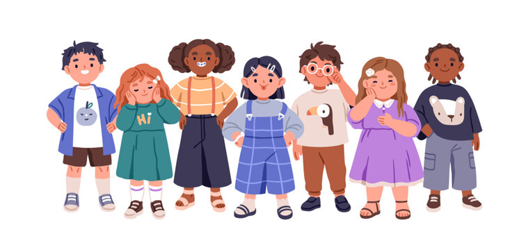Happy kid group portrait. Diverse children, inclusive team. Little boys and girls standing together. Smiling preschoolers in glasses, with braces. Flat vector illustration isolated on white background