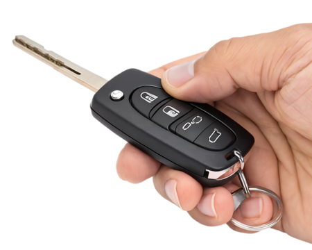 Hand holding a modern car key fob with a retractable metal key and multiple buttons isolated on white background