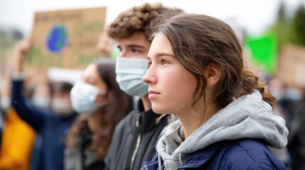 A group of young activists wearing masks participates in a rally, focused on environmental issues, holding signs for climate action.