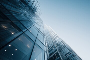 Futuristic Glass Skyscraper Reaching Towards Clear Blue Sky under Bright Daylight