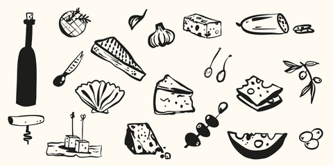 Fototapeta premium Hand drawn whimsical cheese olives food party collection. Romantic vector illustration menu decoration. Cafe restaurant icons doodle graphic sketch set.