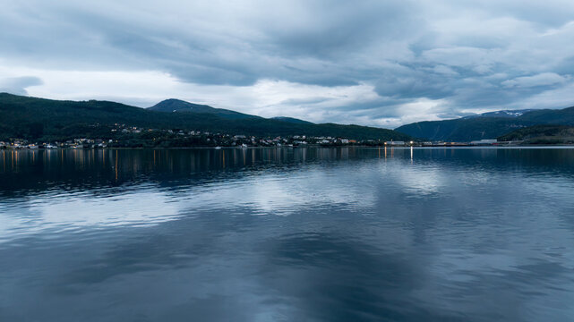 Cloudy evening over a fjord in Northern Norway