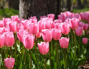 Pink tulips in a garden bed