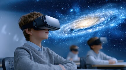 A child wearing a VR headset explores a galaxy scene, highlighting the immersive nature of virtual reality technology in education.