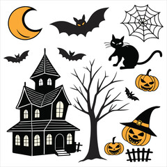  Halloween. Halloween Icon Set. Halloween set clipart vector. Halloween Flat Design Icon Set. Set of Halloween Pumpkins Silhouette. Halloween cartoon vector. 