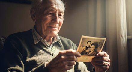 A nostalgic elderly man looking at an old family photograph with a warm smile
