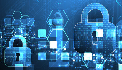 Abstract technological background on the topic of information protection. Various technological elements with padlocks inside which is a digital code.