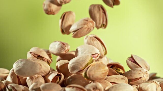 Super Slow Motion Shot of Falling Pistachio Nuts on Gradient Background at 1000fps.