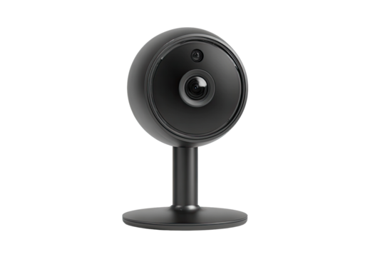 A black, spherical security camera with a stand.  Features a circular lens