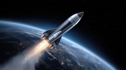 A sleek rocket launches into space, leaving Earth behind, with glowing exhaust trails against a backdrop of stars and the planet below.