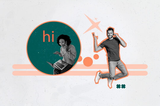 Trend composite sketch template photo collage of social media young lady man hold netbook smartphone virtual technology online call talk