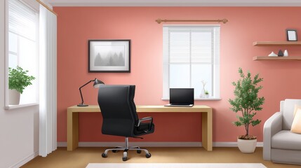 Fototapeta premium A modern home office featuring a desk, computer, office chair, plants, and a cozy atmosphere with coral-colored walls.