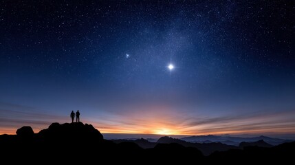 A breathtaking night sky filled with stars, silhouetted figures on a rocky outcrop, and a stunning horizon at twilight.