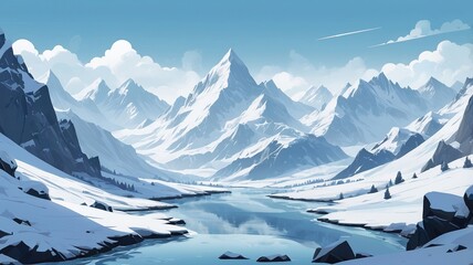 A scenic view of snow capped mountains and a river flowing through the valley on a bright winter day