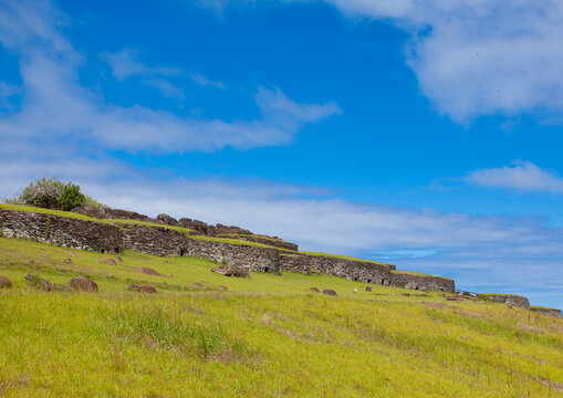 Restored houses in a ceremonial village, Easter Island, Orongo, Chile