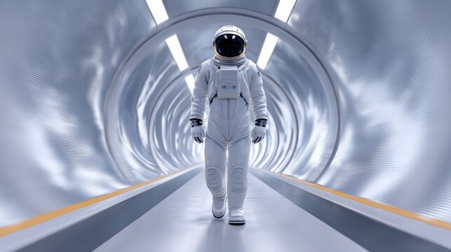 A futuristic astronaut walks through a sleek, illuminated tunnel, showcasing advanced technology and space exploration themes. - Powered by Adobe
