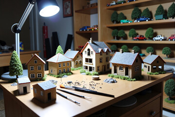 meticulously arranged workstation of an architect or model maker, featuring detailed miniature house models, blueprints, and tools illuminated by a warm desk lamp in a creative studio