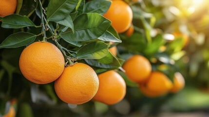 Ripe oranges growing on a tree branch in warm sunlight