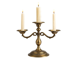 Vintage Brass Candlestick with Lit Candle, Straight-On View, Warm Glow