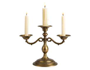  Vintage Brass Candlestick with Lit Candle, Straight-On View, Warm Glow