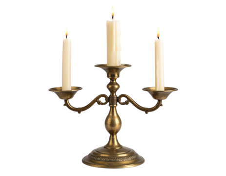  Vintage Brass Candlestick with Lit Candle, Straight-On View, Warm Glow