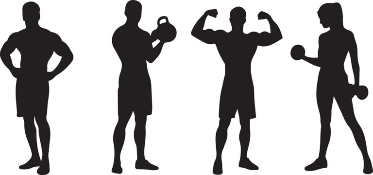 Muscular silhouettes of men and women exercising with weights fitness exercise - Powered by Adobe