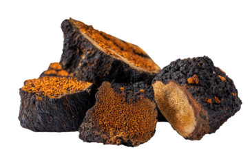 Dried, sliced medicinal fungi.  Dark, textured slices of a fungus, with orange-red inner parts, piled on a black background
