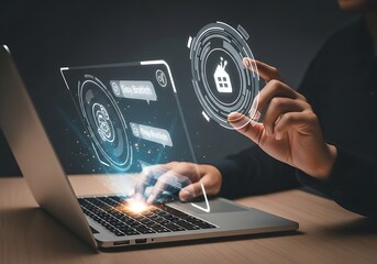 Person interacting with futuristic holographic interface displaying smart home technology and data analytics on a laptop