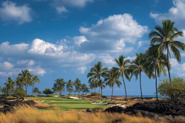 Fototapeta premium Golf Course Palm Trees. Stunning Landscape of Tropical Golf Course on Hawaii Island
