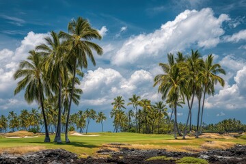 Golf Course Palm Trees. Sunny Day on a Tropical Fairway with Blue Skies and Copy Space