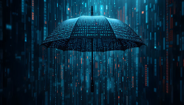 3D Icon of an Upward-Opening Umbrella Shielding Falling Digital Code &mdash; Cyber Protection Concept with Futuristic Design, Isolated Single Object PNG for Technology, Security, and Data Safety Themes